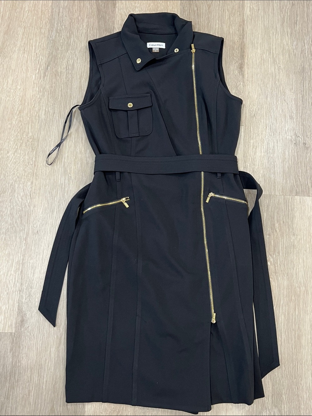 Calvin Klein Black Sleeveless Zip-Front Belted Midi Dress with Gold Hardware